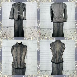 NWT Peter Nygard Gray & Black Faux Fur Embroidered 3-Piece Skirt Suit - Size 6